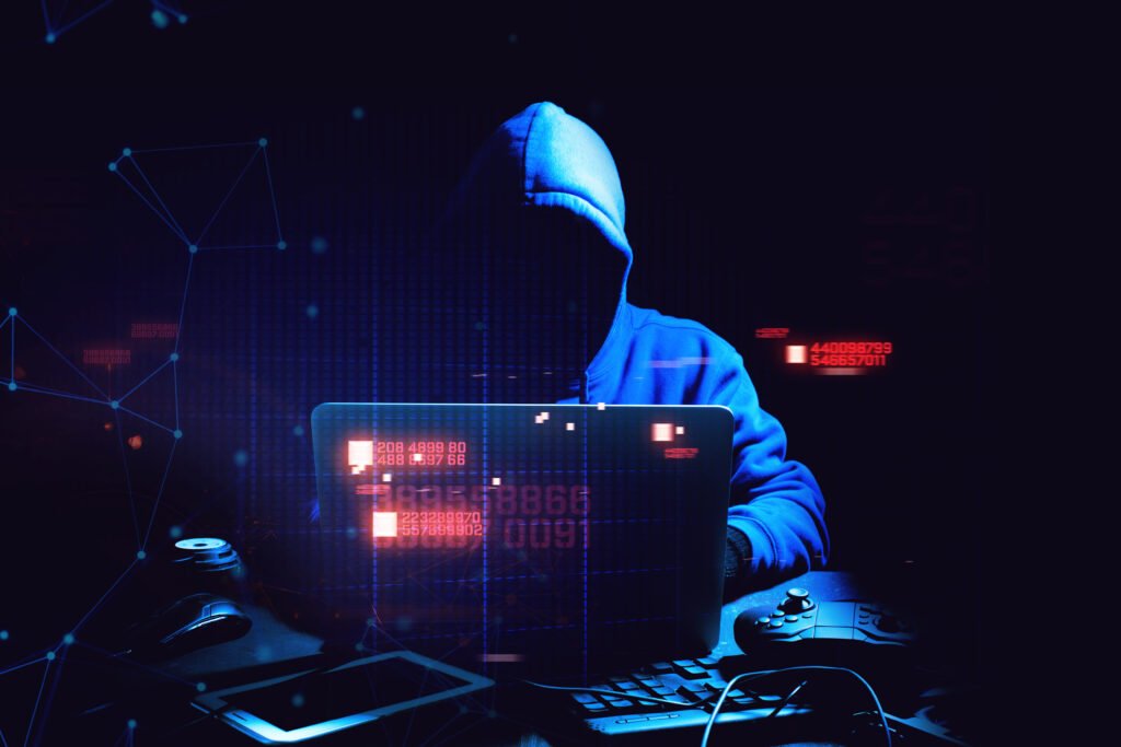 hacker man terrorist with virus computer attack to server networ