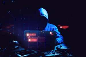 hacker man terrorist with virus computer attack to server networ